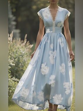 Sky Blue Floral Lace-Trim Maxi Dress 168